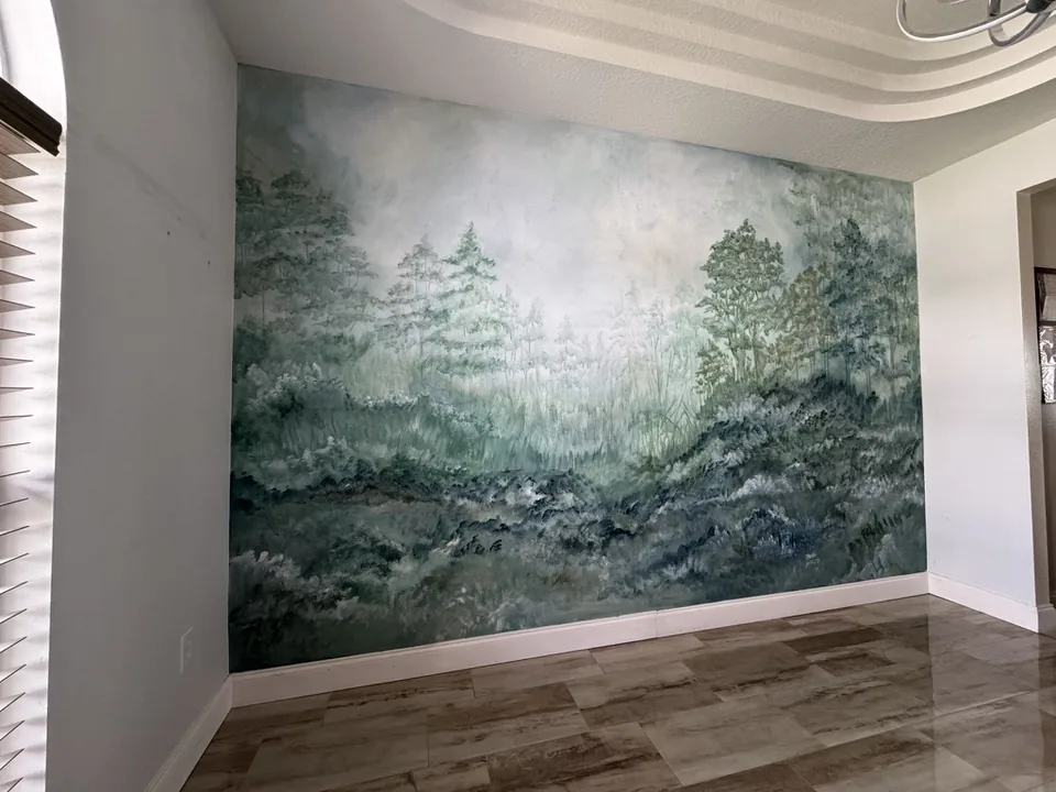 In a Dream — mural pintado a mano, Residencia privada. Pintado en tonos gris, gris claro, tierra.