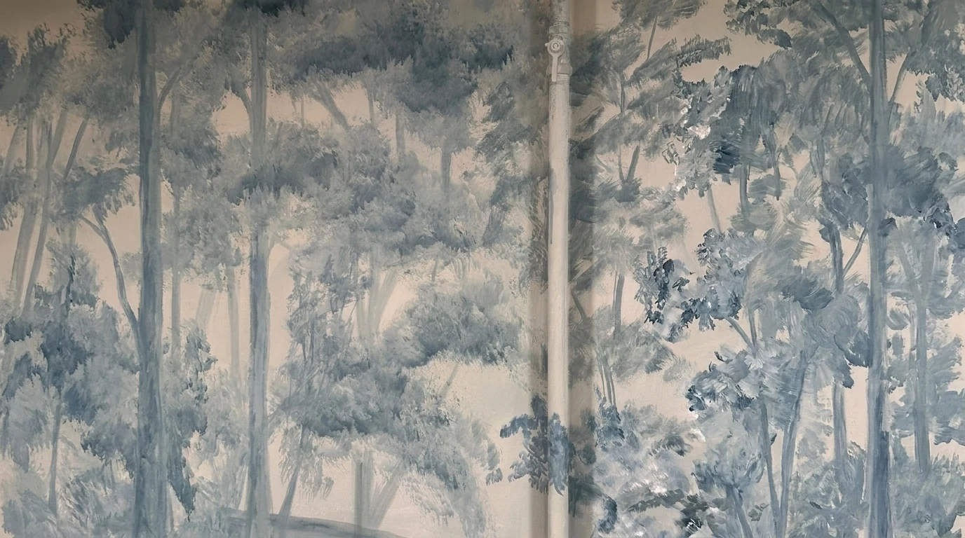 Mural pintado a mano de una arboleda en azul grisáceo sobre pared clara; la pintura continúa sobre un caño vertical hasta hacerlo desaparecer en la arquitectura