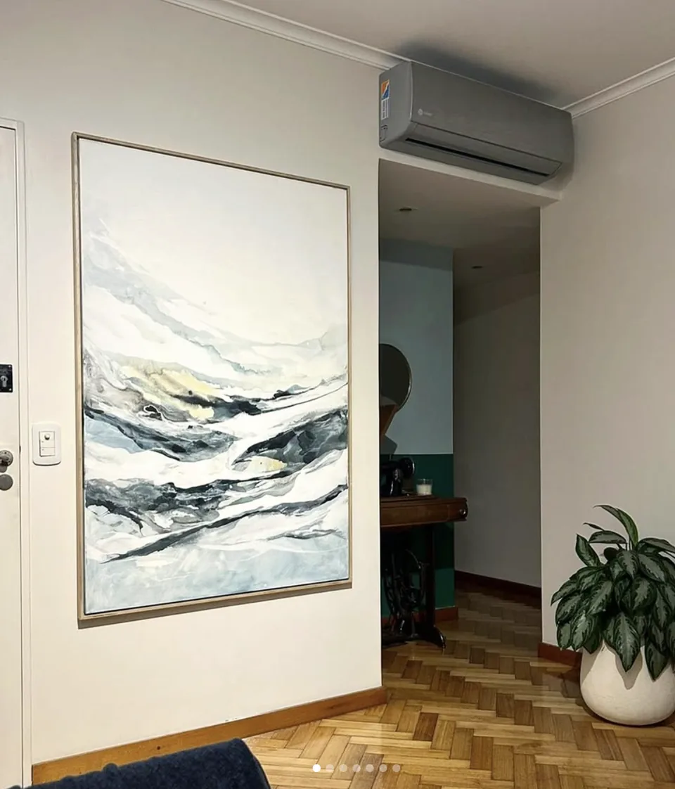 Nieve — oil on canvas. Atmospheric painting in orange, sand, grey.