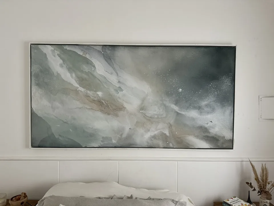 El Mago — mixed media on canvas. Atmospheric painting in light grey, grey.