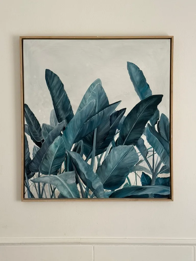 Metamorphosis II — mixed media on canvas. Atmospheric painting in sand, blue-grey.