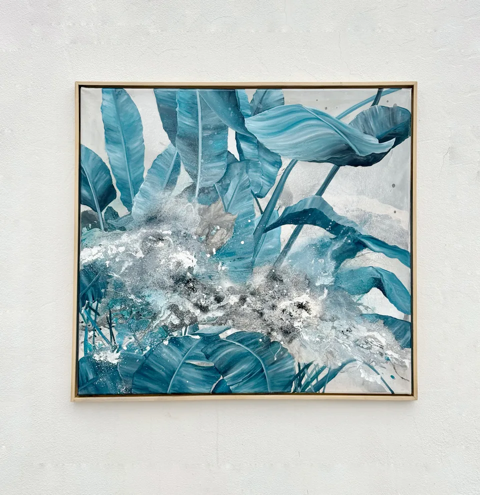 Metamorphosis — mixed media on canvas. Atmospheric painting in white, blue-grey, teal.