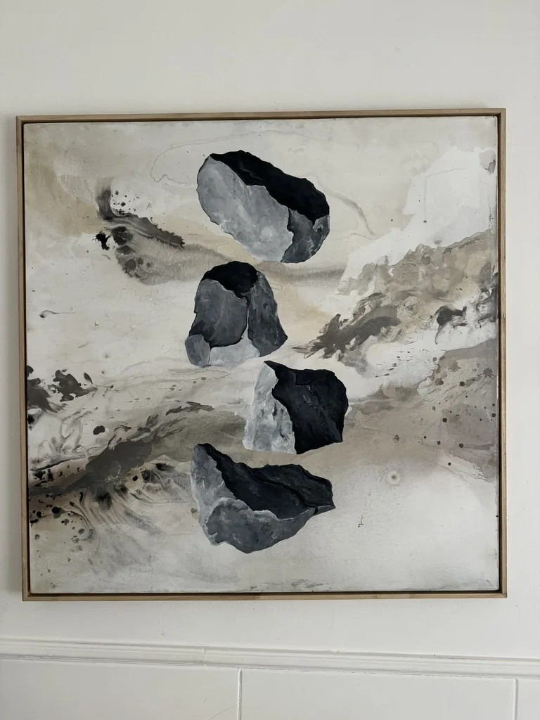 Revol-lución — mixed media on canvas. Atmospheric painting in light grey, grey.