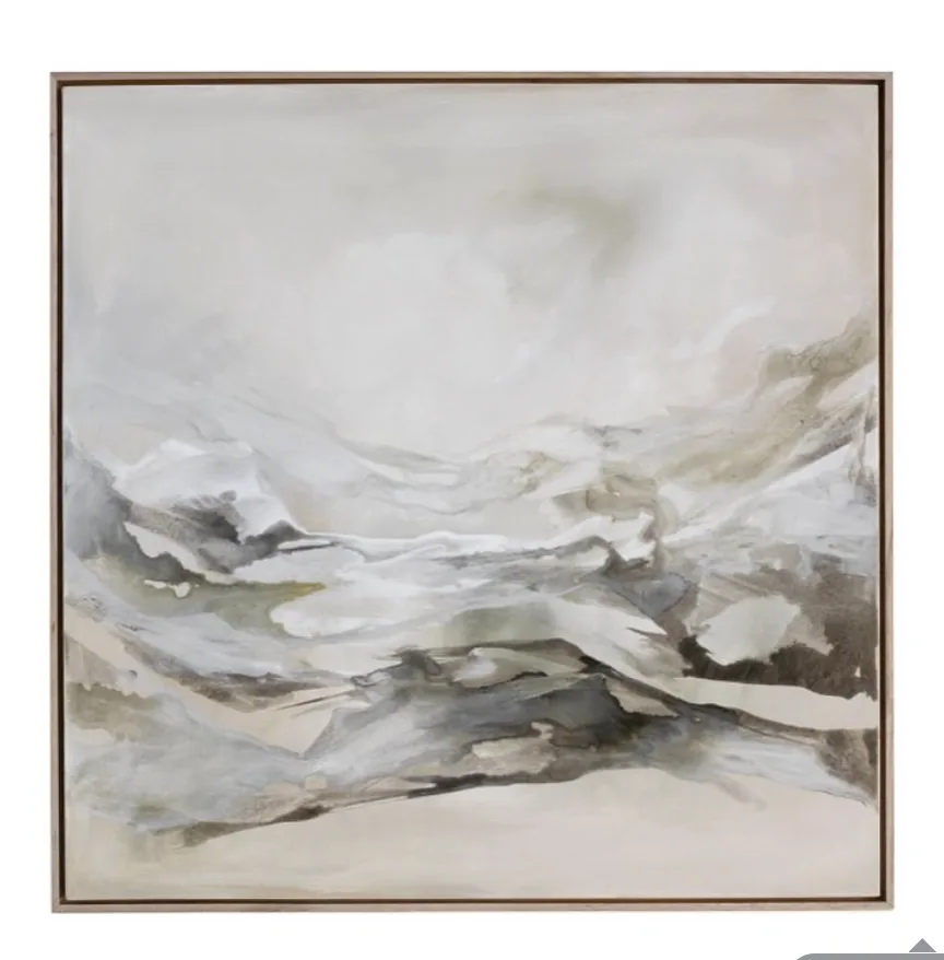 Montañas — oil on canvas. Atmospheric painting in light grey, white, sand.